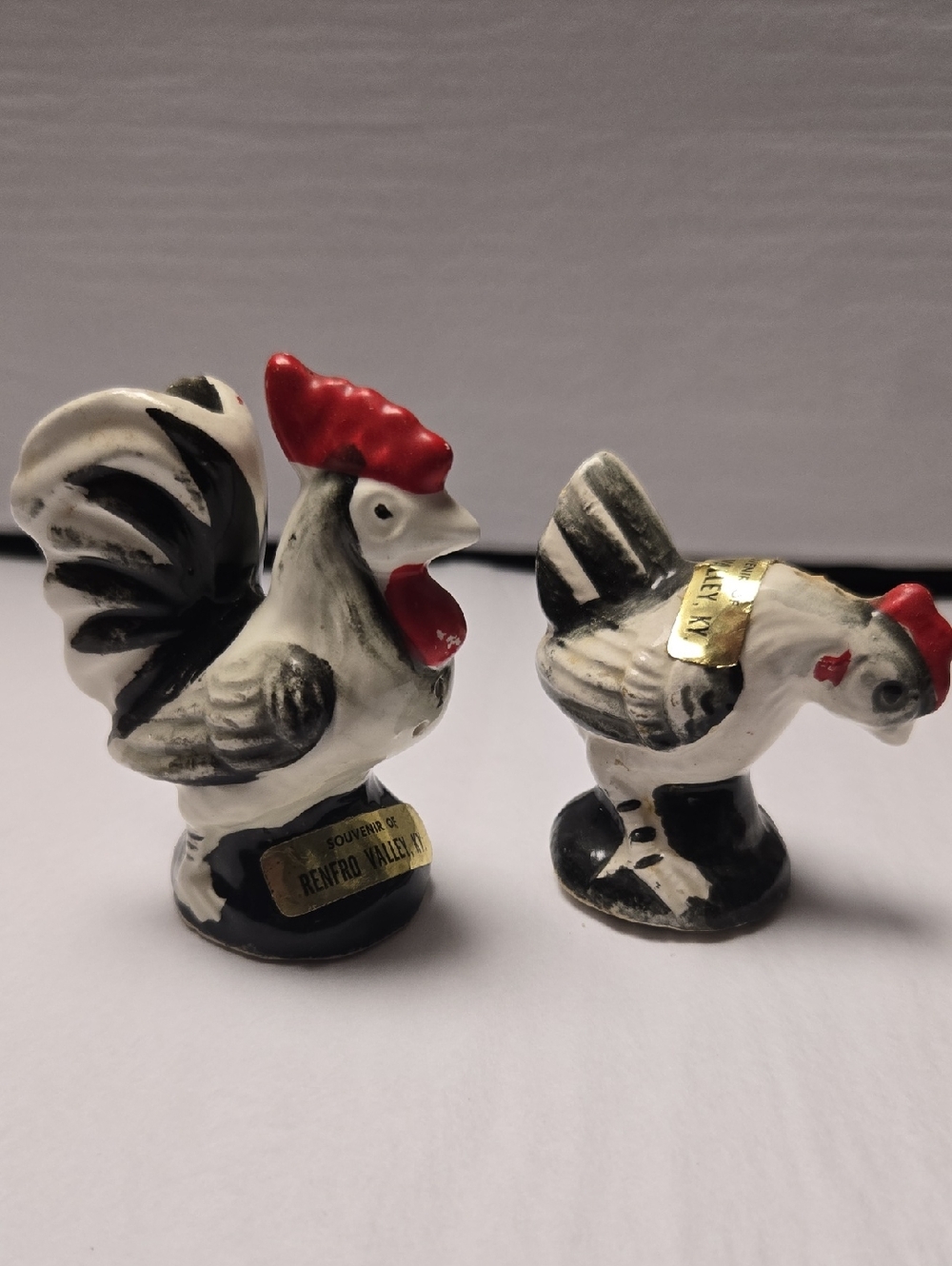 Vintage Ceramic Rooster & Hen Salt and Pepper Shakers - White, Black, Red